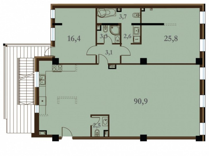 Двухкомнатная квартира (Евро) 148.3 м²