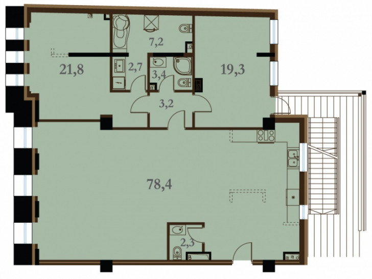 Двухкомнатная квартира (Евро) 138.3 м²