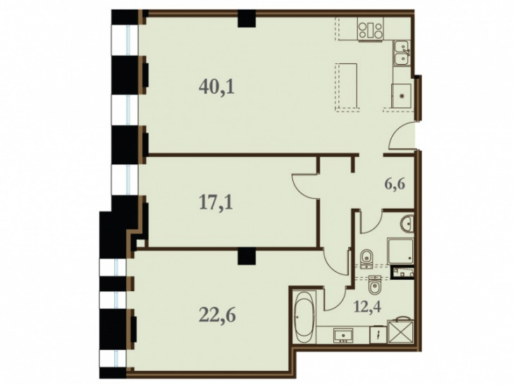 Однокомнатная квартира 98.8 м²