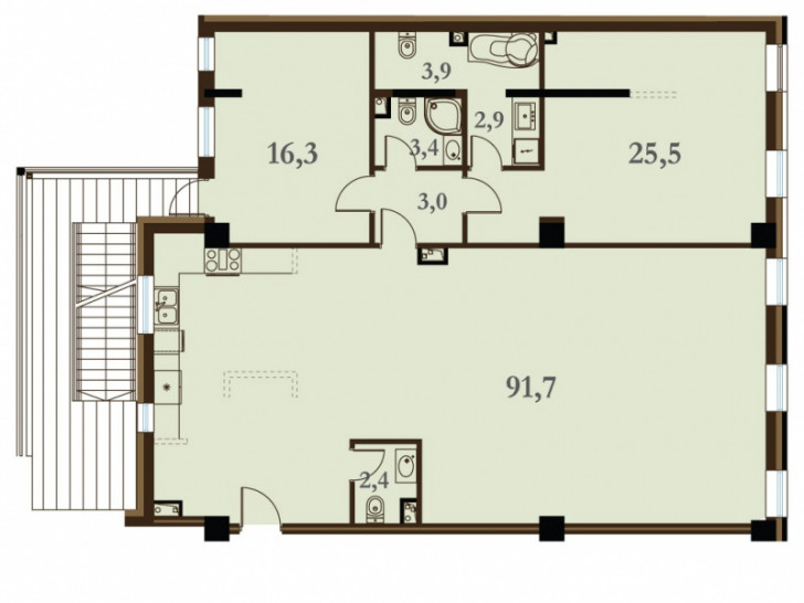 Двухкомнатная квартира (Евро) 149.1 м²