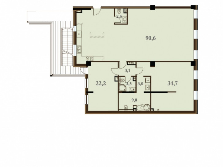 Двухкомнатная квартира (Евро) 168.6 м²